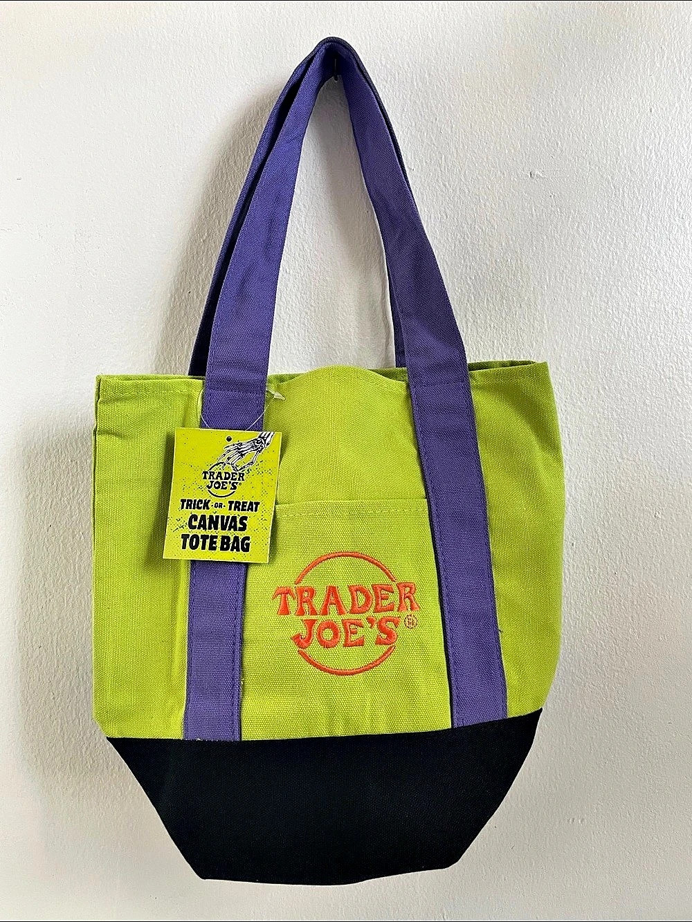 Trader Joe's Trick-or-Treat Mini Canvas Tote Bag Green & Purple